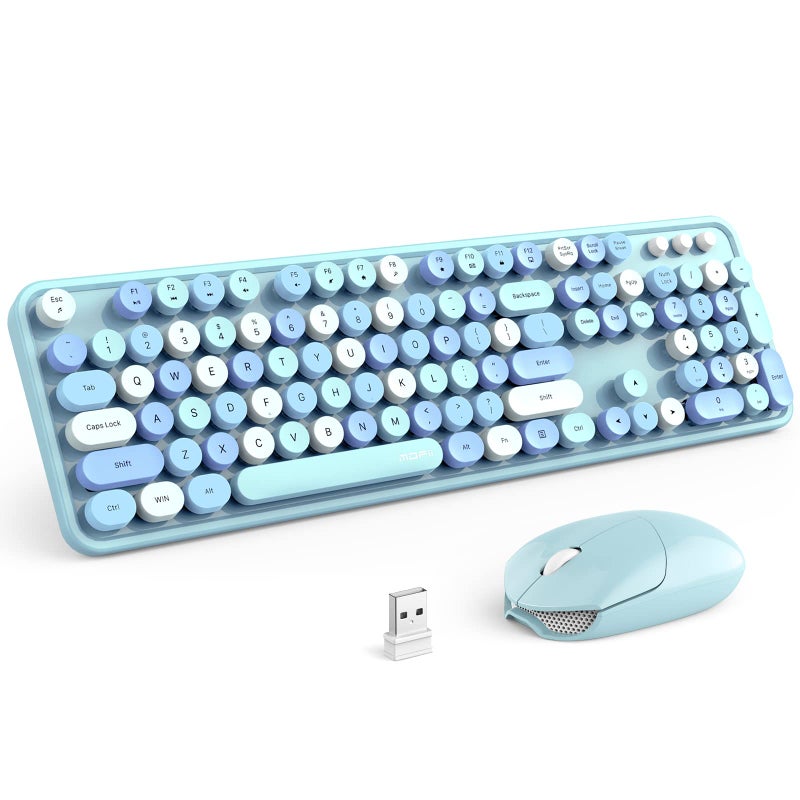 MOFII Wireless Keyboard and Mouse Combo, Retro Keyboard with Round Keycaps, 2.4GHz Dropout-Free Connection, Cute Wireless Mouse for PC/Laptop/Mac/Windows XP/7/8/10 (Blue-Colorful) - Image 1