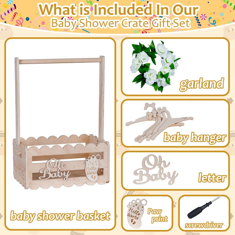 efluky Wooden Baby Shower Crate Closet with Handle,Storage Basket,Baby Clothes Hangers, Newborn Boy Girl Welcome Gift Basket - Image 3