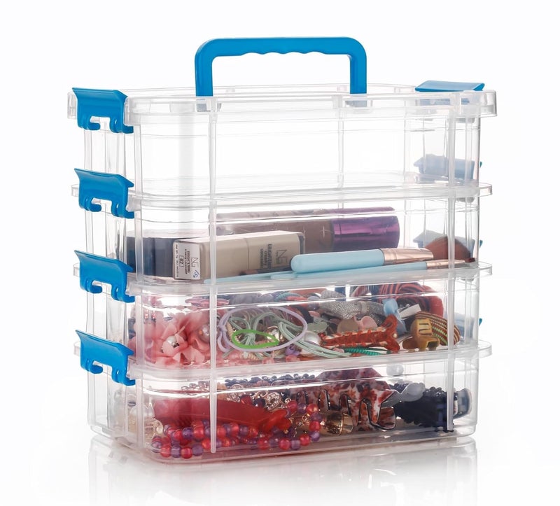 GROFFY plastic boxes for Storage transparent, Space Saving Organiser with Lid Portable & Stackable for Jewelry, Beads, Crochet, Sewing, Scrapbooking DIY Craft (Blue, 4 tier) - Image 1