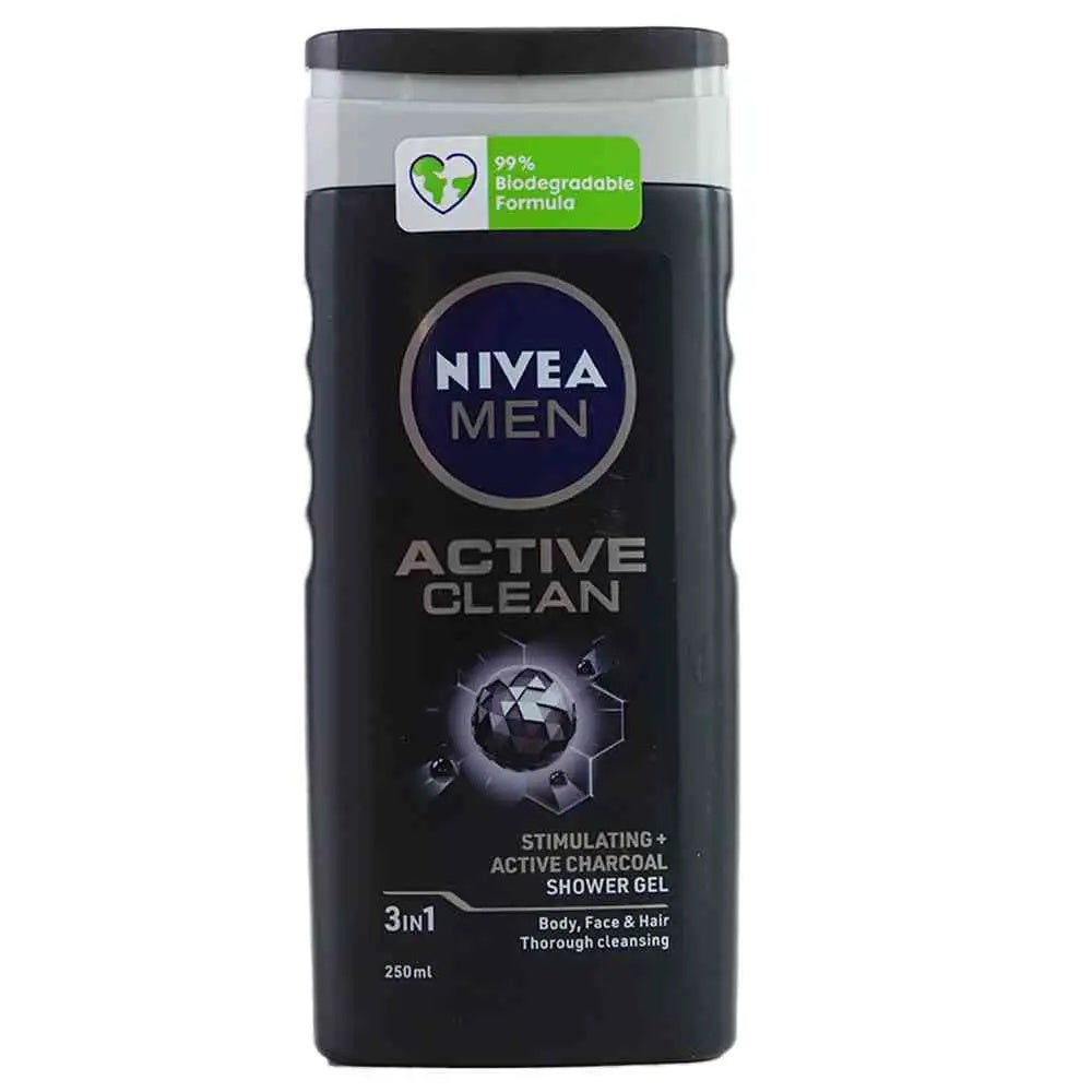 Nivea Men Active Clean 3 in 1 Shower Gel For Body, Face & Hair With Active Charcoal- 250ml
