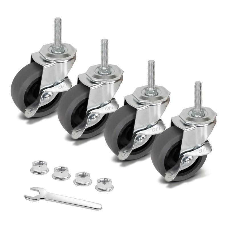 AAGUT Caster Wheels, 3 Inch Rubber Heavy Duty 3/8"-16 x1-1/2 Threaded Stem Industrial Castors, Locking Brakes Metal Swivel Wheel, Replacement for Carts Furniture Dolly Workbench Trolley,Set of 4