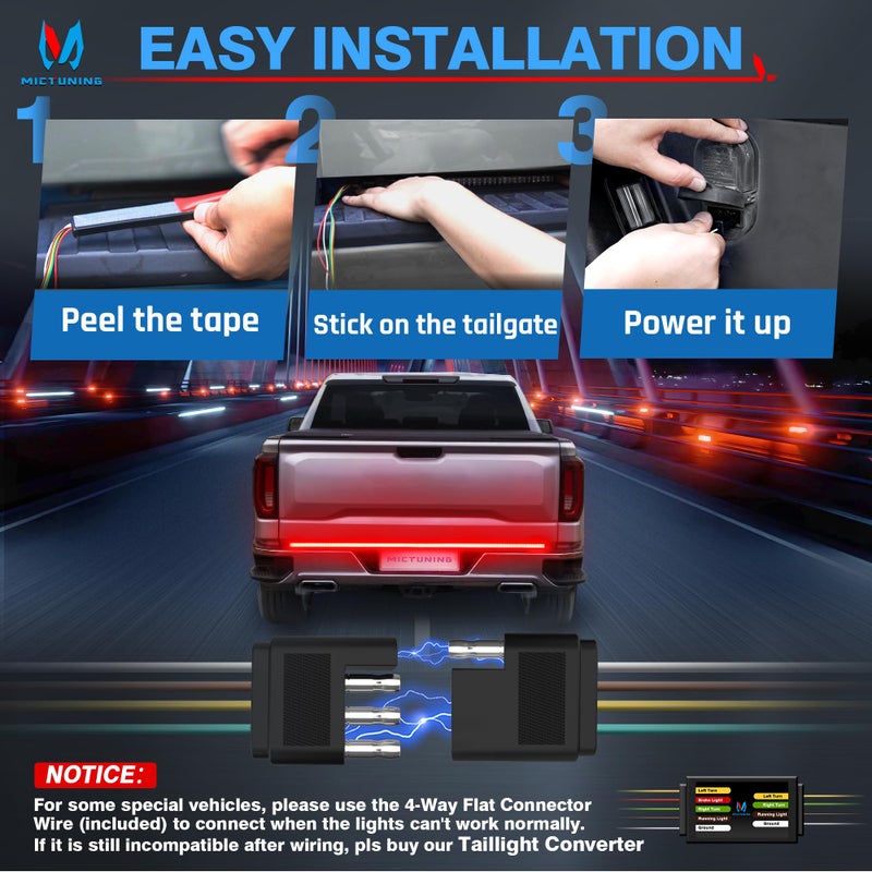 MICTUNING 60 inches Red Sequential Turn Signal LED Brake Lamp Triple Row 504 LEDs Tailgate Strip Light Waterproof for Ford F150/RAM 2500 - 5 Functions - Image 5