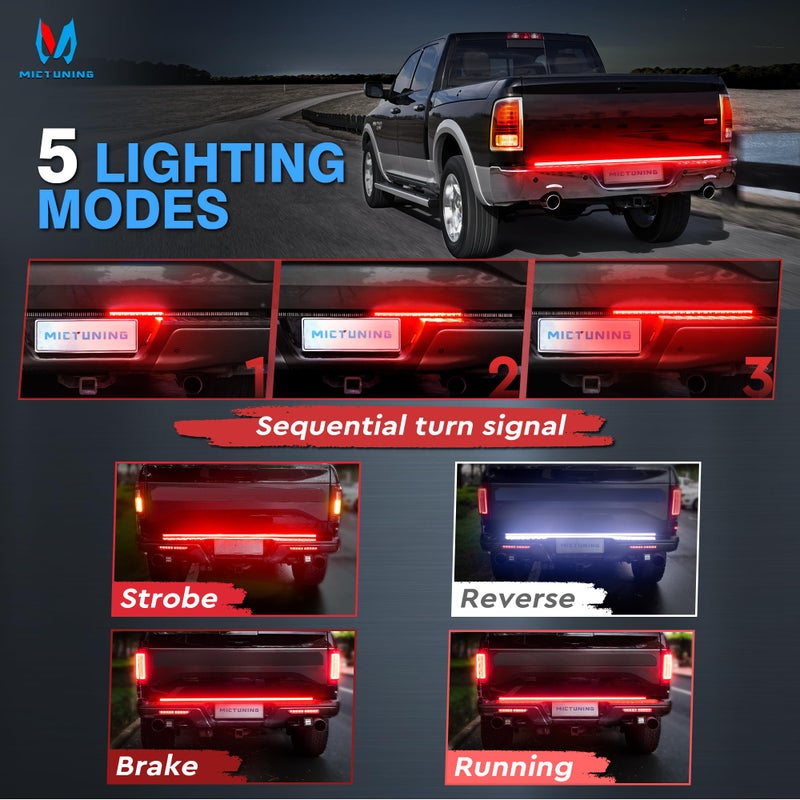 MICTUNING 60 inches Red Sequential Turn Signal LED Brake Lamp Triple Row 504 LEDs Tailgate Strip Light Waterproof for Ford F150/RAM 2500 - 5 Functions - Image 3