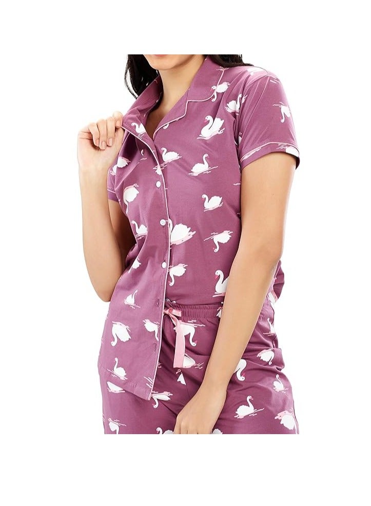 Accessorize Kingdom Women's Cotton Swan Printed Stylish Night Suit Set Of Shirt & Pajama Set  - Image 2