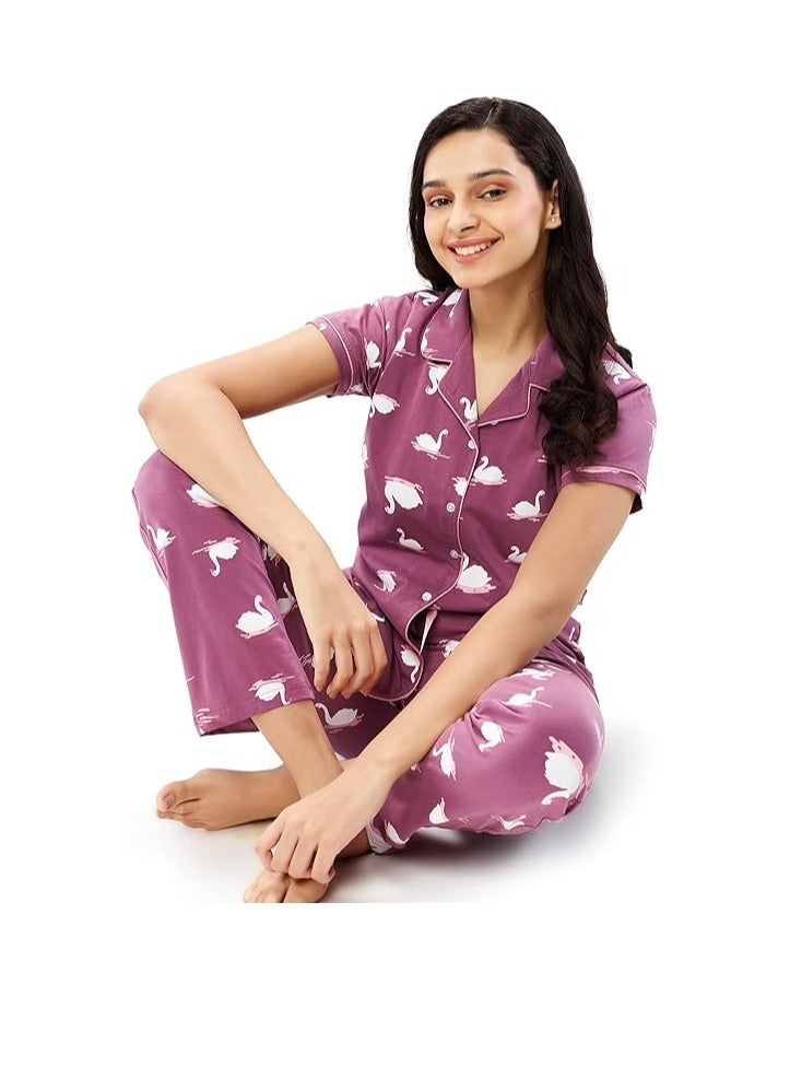 Accessorize Kingdom Women's Cotton Swan Printed Stylish Night Suit Set Of Shirt & Pajama Set  - Image 3