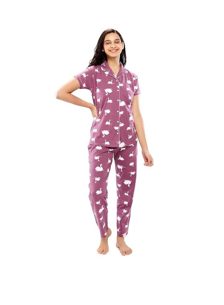 Accessorize Kingdom Women's Cotton Swan Printed Stylish Night Suit Set Of Shirt & Pajama Set  - Image 1