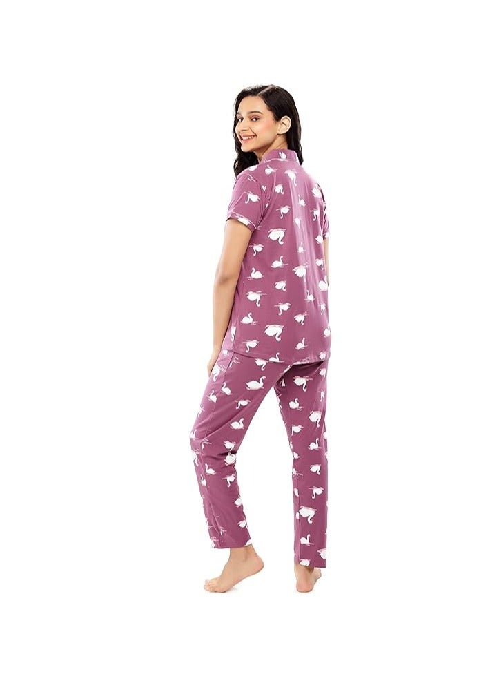 Accessorize Kingdom Women's Cotton Swan Printed Stylish Night Suit Set Of Shirt & Pajama Set  - Image 4