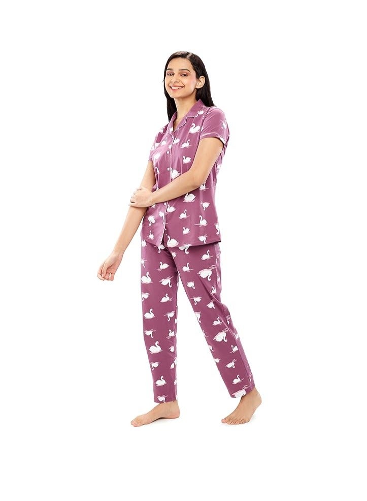 Accessorize Kingdom Women's Cotton Swan Printed Stylish Night Suit Set Of Shirt & Pajama Set  - Image 5