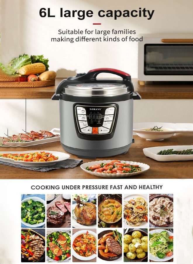 sokany 9-in-1 Smart Multi Cooker,6.0L 1000W Electric Pressure Cooker, Slow Cooker, Rice Cooker, Sauté Pan, Yoghurt Maker, Steamer and Food Warmer,Digital LED Display with 9 Smart Programs,Overheating Protection,Delay Timer,6L 1000W SK-2401 - Image 2