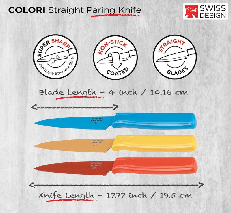 Kuhn Rikon Straight Paring Knife with Safety Sheath, 4 inch/10.16 cm Blade, Red, Yellow & Blue (Pack of 1) - Image 2