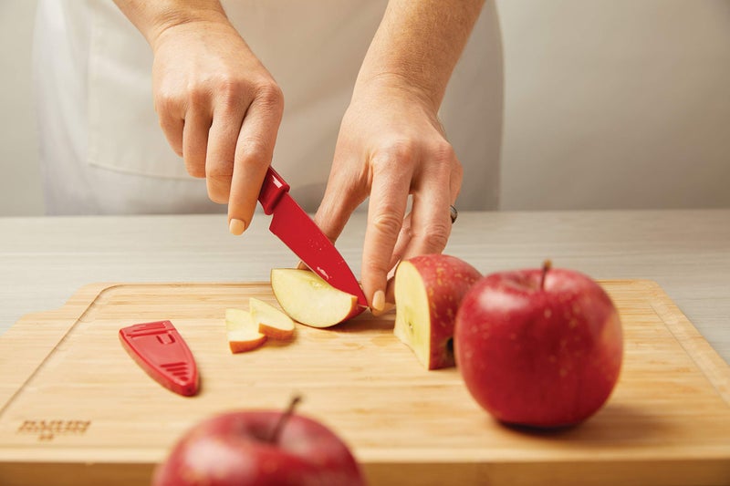 Kuhn Rikon Straight Paring Knife with Safety Sheath, 4 inch/10.16 cm Blade, Red, Yellow & Blue (Pack of 1) - Image 4