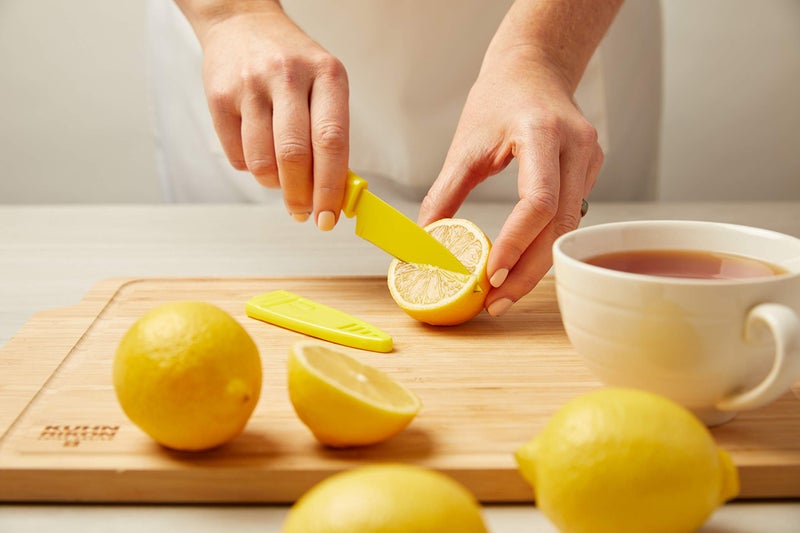 Kuhn Rikon Straight Paring Knife with Safety Sheath, 4 inch/10.16 cm Blade, Red, Yellow & Blue (Pack of 1) - Image 5