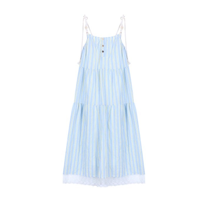 Seaside Holiday Striped Sling dress Childrens 2025 Summer New French Style Elegant Loose Short Dress Picture color 