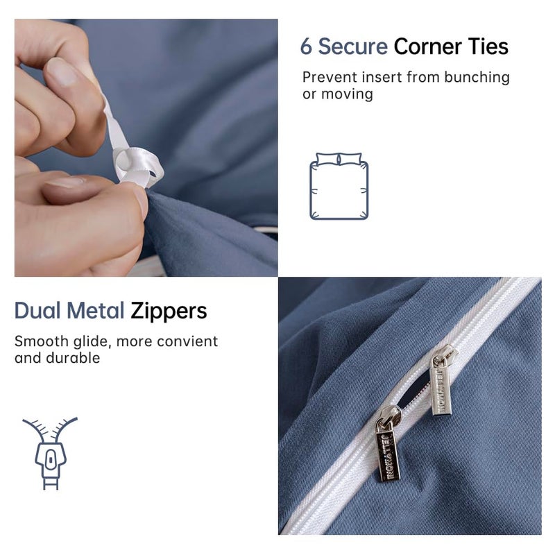 JELLYMONI Bedding Duvet Cover Queen Size - 100% Washed Cotton Linen Like Textured Comforter Cover, 3 Pieces Breathable Soft Bedding Set with Zipper Closure (Blue, Queen 90"x90") - Image 5