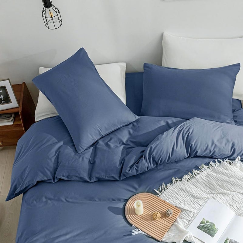 JELLYMONI Bedding Duvet Cover Queen Size - 100% Washed Cotton Linen Like Textured Comforter Cover, 3 Pieces Breathable Soft Bedding Set with Zipper Closure (Blue, Queen 90"x90") - Image 3
