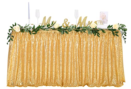 QueenDream Table Skirt for Rectangle Table 6ft Gold Sequin Table Skirting Tablecloth for Party Wedding Birthday Cake Table - Image 1