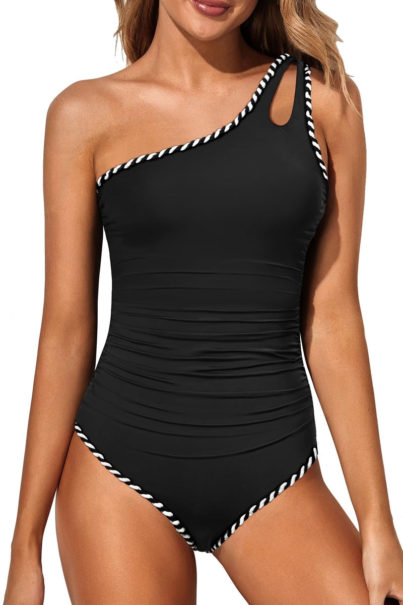 Holipick One Shoulder One Piece Swimsuit for Women Tummy Control Bathing Suits Modest Full Coverage Keyhole Swimwear - Image 1