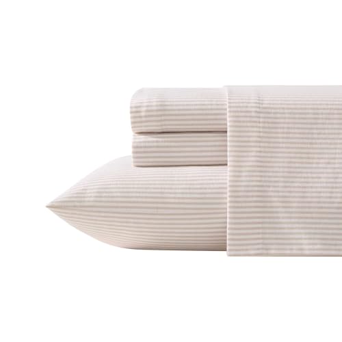Laura Ashley Flannel Sheets Twin Size AntiPilling Wrinkle Resistant Cotton Touchably Soft for AllSeason Comfort Bed Sheets with Matching Pillowcase Fitted Sheet Oxfordshire Stripe Beige - Image 3