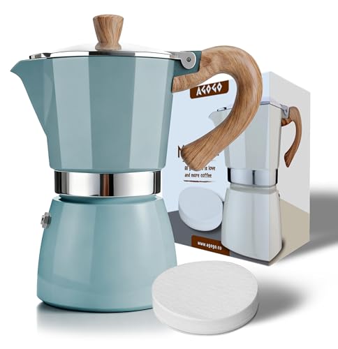 AGOGO Milano Moka Pot Stovetop Espresso Maker with 100 Paper Filters for Sediment-Free Coffee, Classic Italian Greca with Wood-Grain Handle,Cleaning Brush & Towel 6 Cup (10oz / 300ml) Lake Blue - Image 1