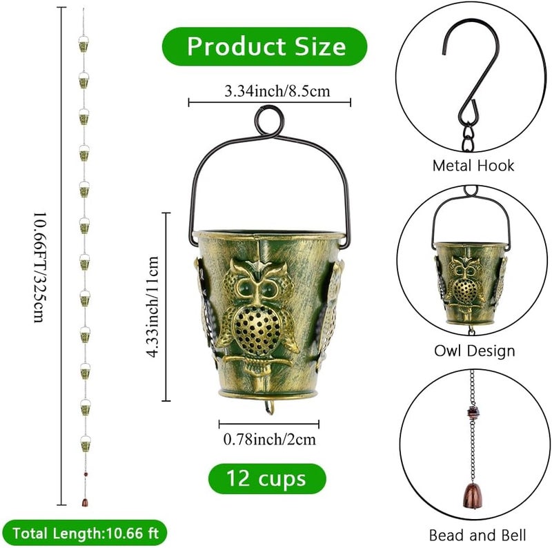 Qipade Store 10Ft Rain Chains for Gutters, Metal Rain Catcher Chain for Eaves Drainage, 12 Cups Rain Gutter Chains with Owl Decor, Adjustable Rain Water Chain for Outdoor Decor - Image 3