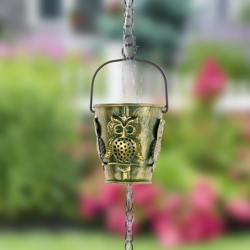 Qipade Store 10Ft Rain Chains for Gutters, Metal Rain Catcher Chain for Eaves Drainage, 12 Cups Rain Gutter Chains with Owl Decor, Adjustable Rain Water Chain for Outdoor Decor - Image 1