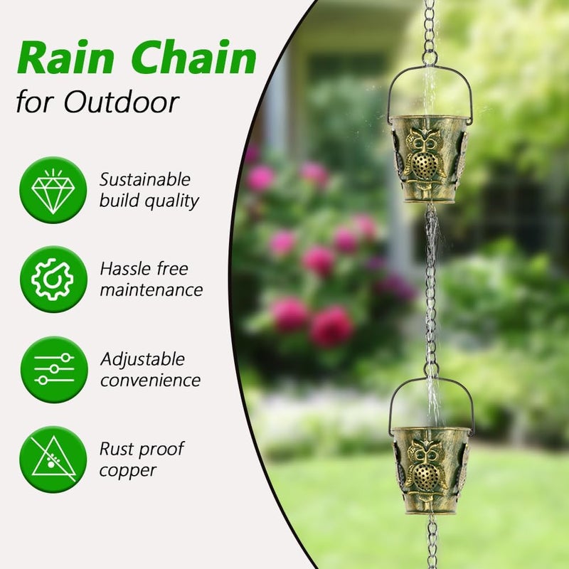 Qipade Store 10Ft Rain Chains for Gutters, Metal Rain Catcher Chain for Eaves Drainage, 12 Cups Rain Gutter Chains with Owl Decor, Adjustable Rain Water Chain for Outdoor Decor - Image 2