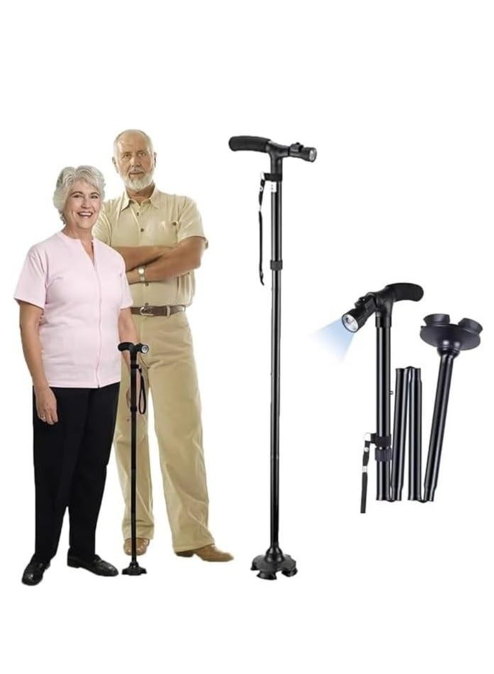 Folding Cane with LED Light & Adjustable Height - Portable Collapsible Extendable Walking Stick Self-Standing Design Non-Slip Grip Handle Rubber Feet - Image 1