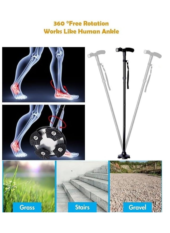 Folding Cane with LED Light & Adjustable Height - Portable Collapsible Extendable Walking Stick Self-Standing Design Non-Slip Grip Handle Rubber Feet - Image 2