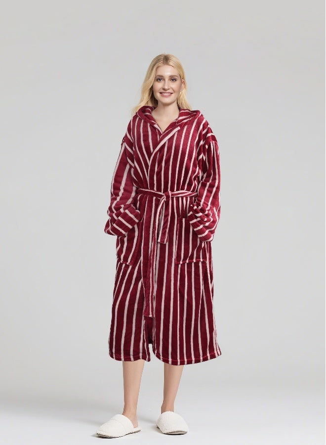 Noon East Stripe Bathrobe - 250 Gsm 100% Polyester Soft Fuzzy Plush For Women - Hood & Pocket - Red Color, S Size - Image 1