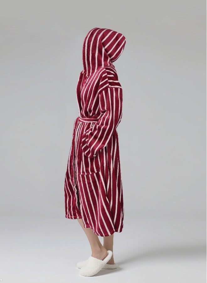 Noon East Stripe Bathrobe - 250 Gsm 100% Polyester Soft Fuzzy Plush For Women - Hood & Pocket - Red Color, S Size - Image 2