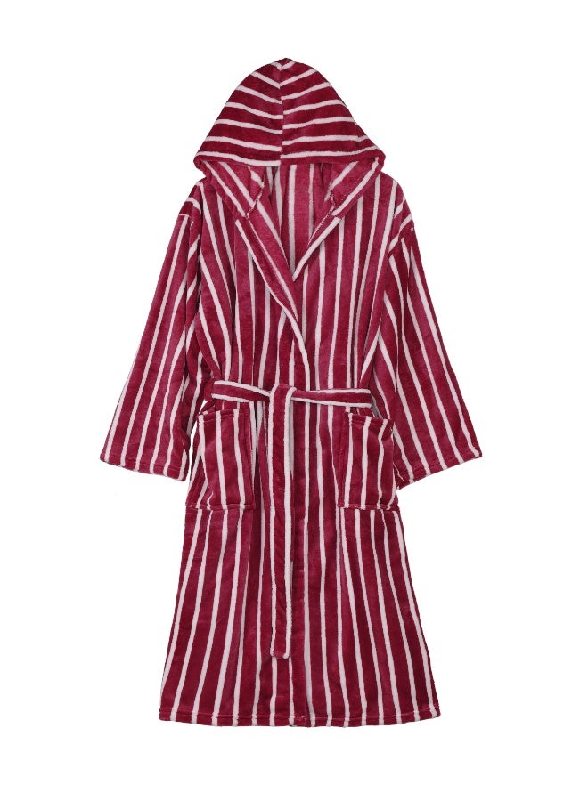 Noon East Stripe Bathrobe - 250 Gsm 100% Polyester Soft Fuzzy Plush For Women - Hood & Pocket - Red Color, S Size - Image 4