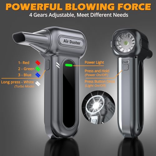 Gardon Electric Air Duster Cleaning Tools -180000RPM Super Power Cordless Air Duster, Rechargeable Brushless Motor Durable Blower, 4-Gear Adjustable Dust Blower Fan for Car, PC, Sliver - Image 3