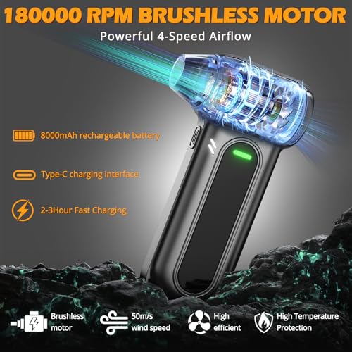 Gardon Electric Air Duster Cleaning Tools -180000RPM Super Power Cordless Air Duster, Rechargeable Brushless Motor Durable Blower, 4-Gear Adjustable Dust Blower Fan for Car, PC, Sliver - Image 2