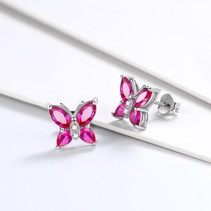 Juwaliy July Birthstone Stud Earrings Ruby Butterfly Earrings Red CZ 925 Sterling Silver Women Mother Wife Christmas Valentines Jewelry Gifts for Her - Image 2