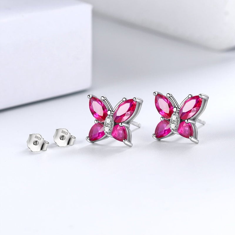 Juwaliy July Birthstone Stud Earrings Ruby Butterfly Earrings Red CZ 925 Sterling Silver Women Mother Wife Christmas Valentines Jewelry Gifts for Her - Image 3