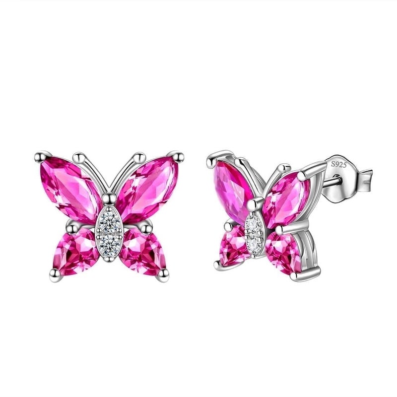 Juwaliy July Birthstone Stud Earrings Ruby Butterfly Earrings Red CZ 925 Sterling Silver Women Mother Wife Christmas Valentines Jewelry Gifts for Her - Image 1