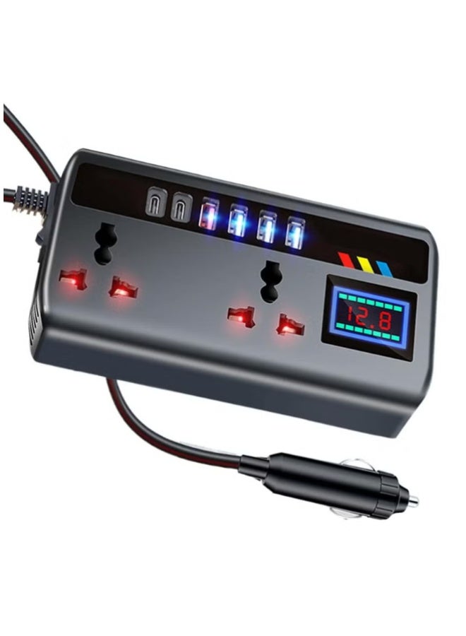 محول طاقة للسيارة بقوة 200 واط، محول مخرج كهربائي للسيارة، تيار مستمر 12/24 فولت إلى تيار متردد 220 فولت، محول قابس سيارة مزود بـ 4 منافذ USB ومنفذين من النوع C، مفتاح مدمج وشاشة عرض LCD، متوافق مع السيارات والشاحنات - Image 1