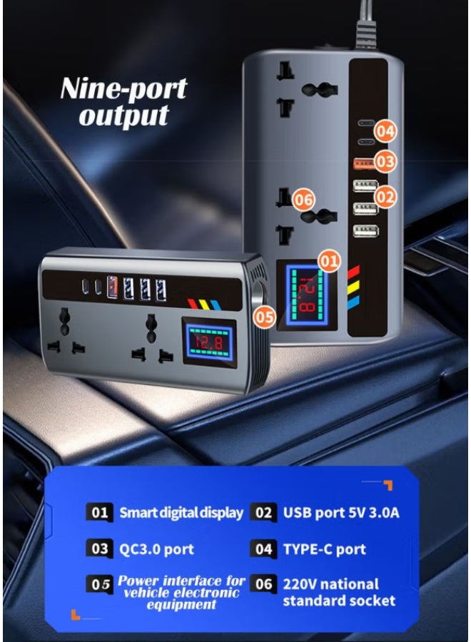 محول طاقة للسيارة بقوة 200 واط، محول مخرج كهربائي للسيارة، تيار مستمر 12/24 فولت إلى تيار متردد 220 فولت، محول قابس سيارة مزود بـ 4 منافذ USB ومنفذين من النوع C، مفتاح مدمج وشاشة عرض LCD، متوافق مع السيارات والشاحنات - Image 3