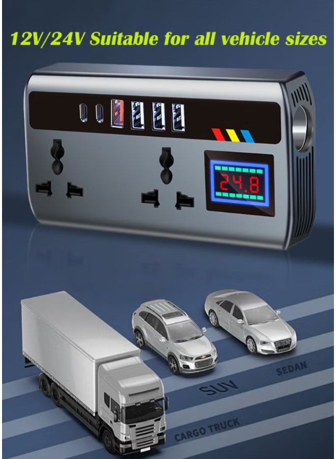 محول طاقة للسيارة بقوة 200 واط، محول مخرج كهربائي للسيارة، تيار مستمر 12/24 فولت إلى تيار متردد 220 فولت، محول قابس سيارة مزود بـ 4 منافذ USB ومنفذين من النوع C، مفتاح مدمج وشاشة عرض LCD، متوافق مع السيارات والشاحنات - Image 5