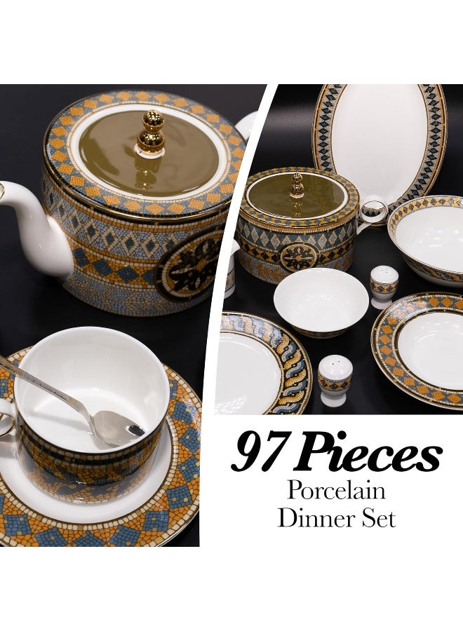 BS طقم أطباق بورتشيلين الدائري من B&S | 97 قطعة من أدوات المائدة الخزفية الفاخرة | طقم أطباق بتصميم زهور | طقم شاي وقهوة بورتشيلين عتيق | أطباق وأوعية آمنة للاستخدام في الميكروويف وغسالة الصحون (توسكاني) - Image 4