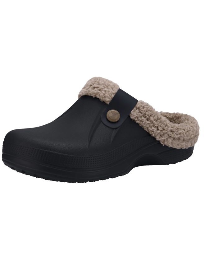 Beslip Classic Fur Lined Clogs Waterproof Winter Fuzzy Slippers for Women Men Indoor and Outdoor, Black/Khaki, 8.5-9 Women/7-7.5 Men - Image 1