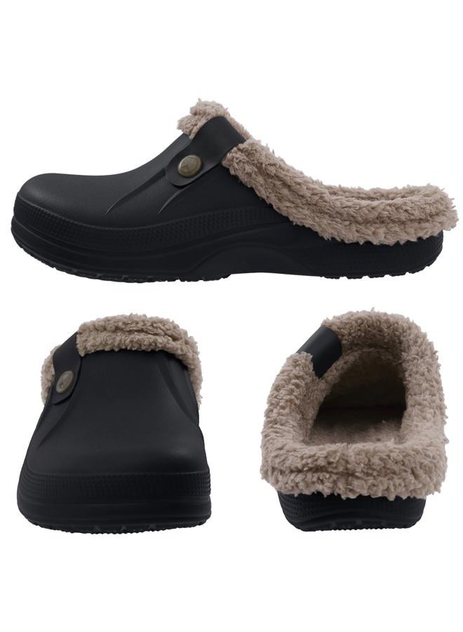Beslip Classic Fur Lined Clogs Waterproof Winter Fuzzy Slippers for Women Men Indoor and Outdoor, Black/Khaki, 8.5-9 Women/7-7.5 Men - Image 3
