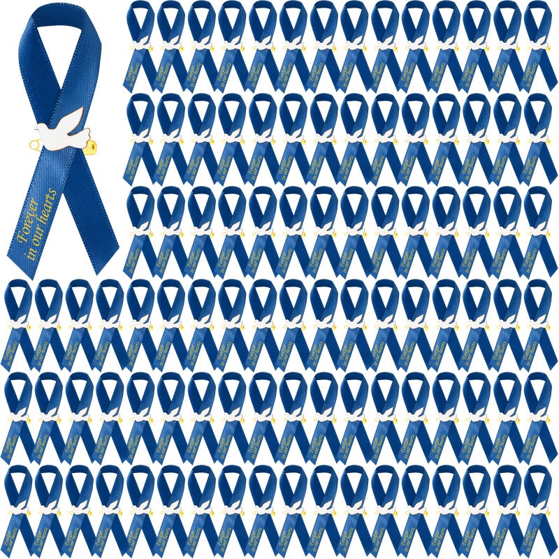 Geosar 100 Pcs Dove Funeral Memorial Ribbons Pins Memorial Service Respect Funeral Personalized Ribbon Bow with Safety Pins and White Dove for Mourning Mental Health Awareness Month GiftsBlue - Image 2