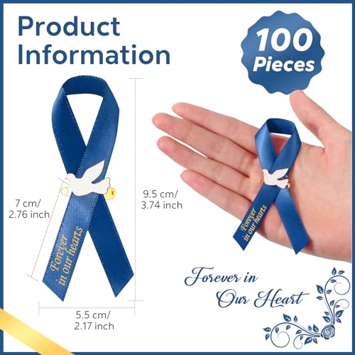 Geosar 100 Pcs Dove Funeral Memorial Ribbons Pins Memorial Service Respect Funeral Personalized Ribbon Bow with Safety Pins and White Dove for Mourning Mental Health Awareness Month GiftsBlue - Image 3