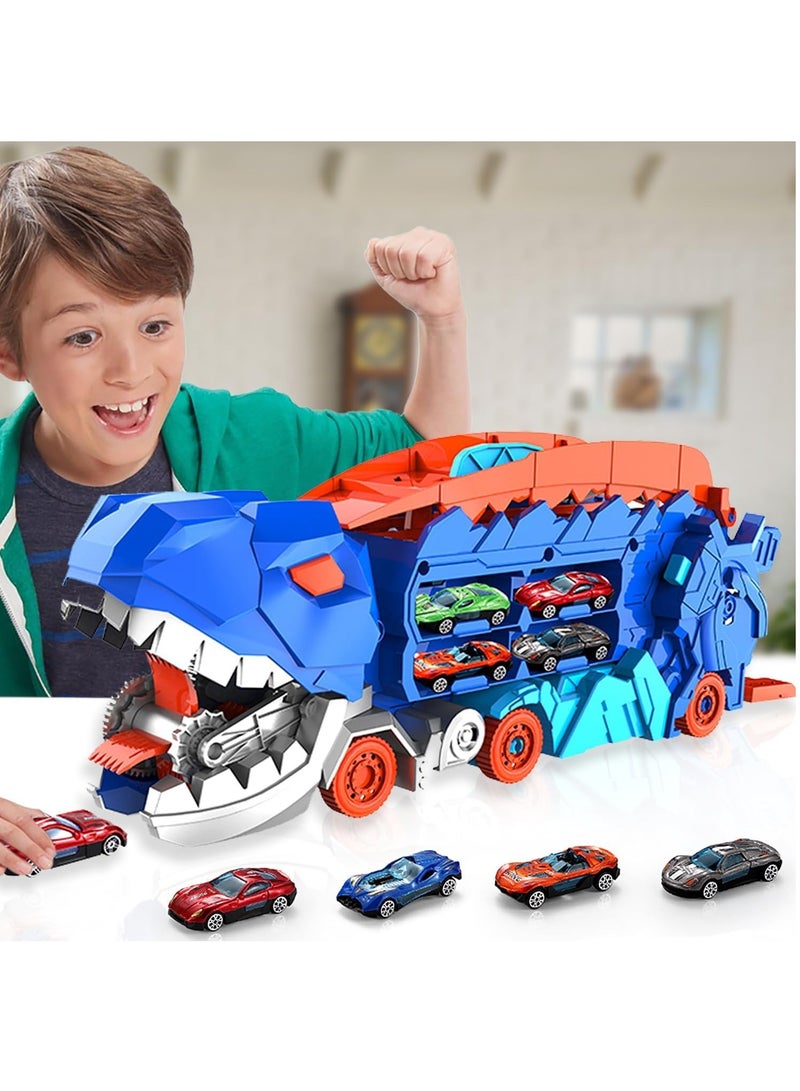 KASTWAVE City Dinosaur Ultimate Hauler Track Toy, Transforms into Stomping Dinosaur with Race Track Ultimate Transporter Hauler Toddler Toys Gifts for Kids Ages 3 4 5 6 Years Old(4 Cars) - Image 2