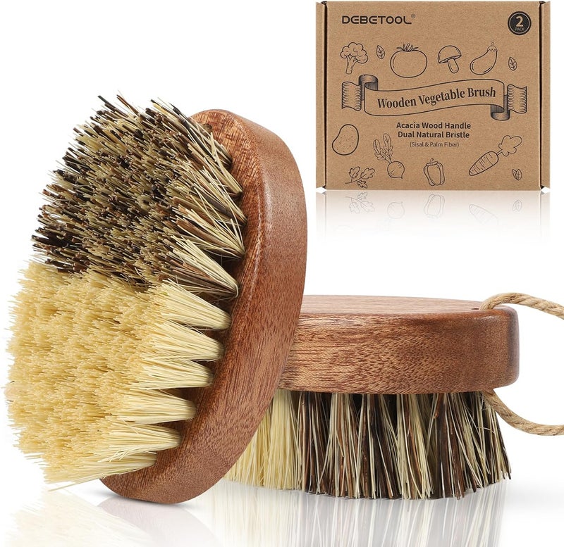 DEBETOOL 2 Pack Wooden Vegetable Brush Scrubber for Food - Dual Bristle Potato Brush Scrubber with Hanging Rope | Natural Compostable Kitchen Vegetable Scrubber for Potatoes, Carrots, Fruits - Image 1