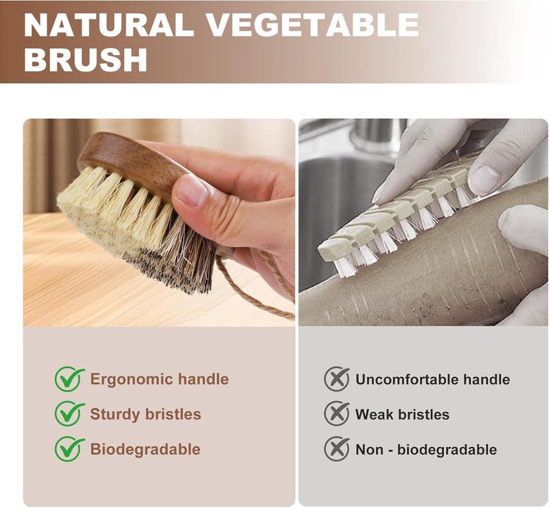 DEBETOOL 2 Pack Wooden Vegetable Brush Scrubber for Food - Dual Bristle Potato Brush Scrubber with Hanging Rope | Natural Compostable Kitchen Vegetable Scrubber for Potatoes, Carrots, Fruits - Image 3