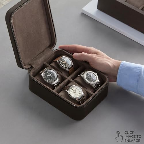 TAWBURY Watch Case 4 Slot Genuine TopGrain Leather Watch Box for Men Women with Extra Wide Pillows for Large Watches Portable Wristwatch Storage for Home Travel Brown - Image 3