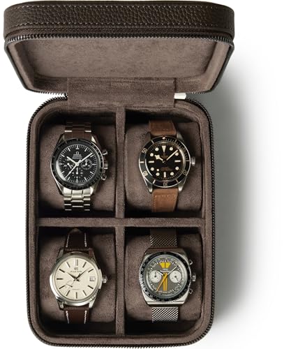 TAWBURY Watch Case 4 Slot Genuine TopGrain Leather Watch Box for Men Women with Extra Wide Pillows for Large Watches Portable Wristwatch Storage for Home Travel Brown - Image 1