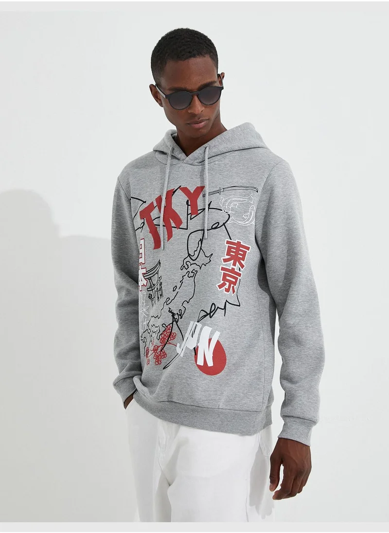 KOTON Basic Hoodie Slogan Printed Long Sleeve